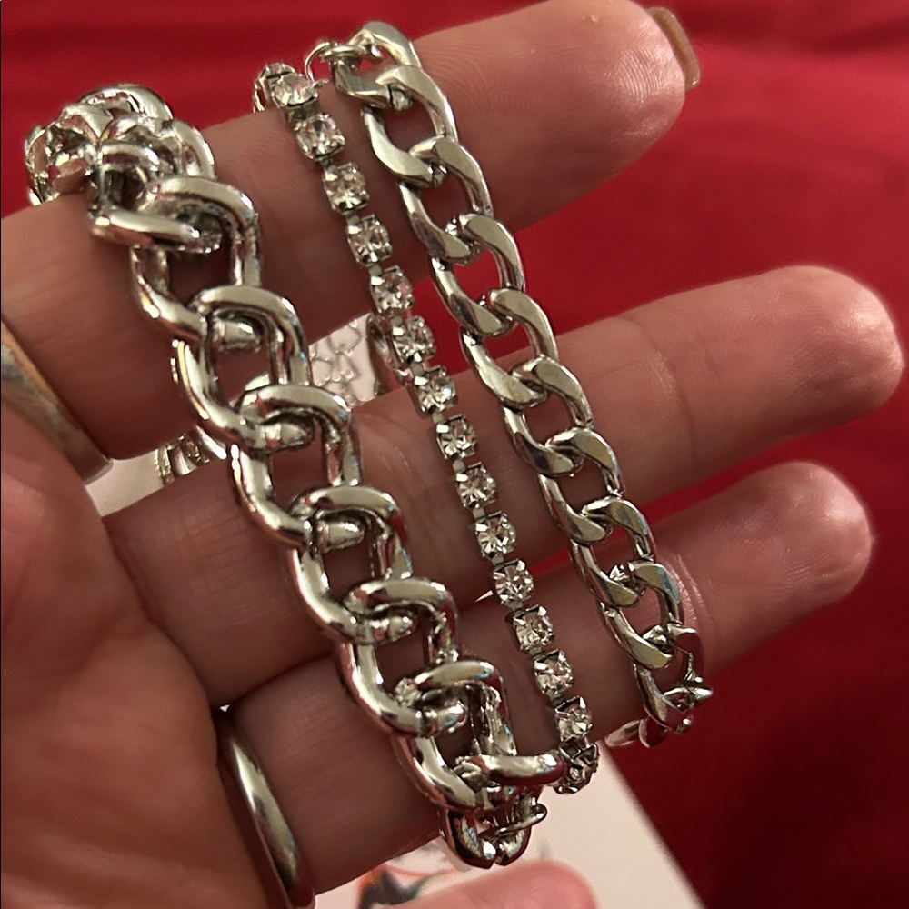 Silver Chain and Rhinestone Bracelet Set
